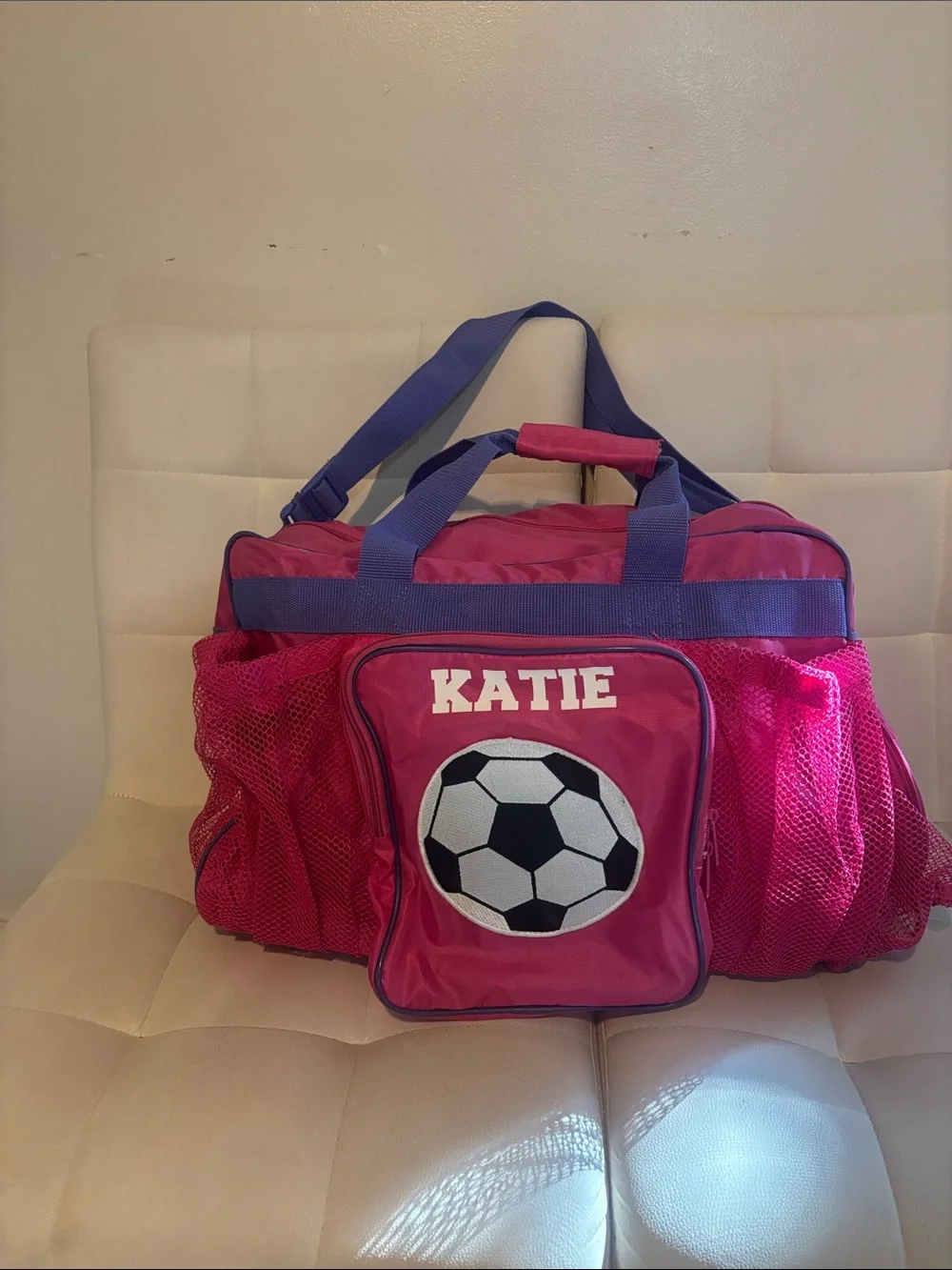 Personalized Pink Kids Soccer Duffel Bag with Purple adjustable Straps - Katie